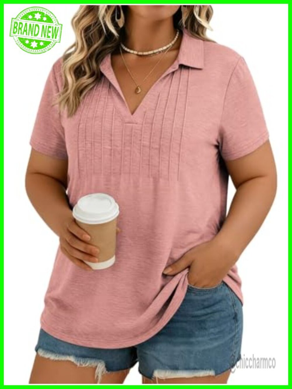 Women's Plus Size V-Neck Polo Shirt Short Sleeve Pleated Collared Tee Casual Top